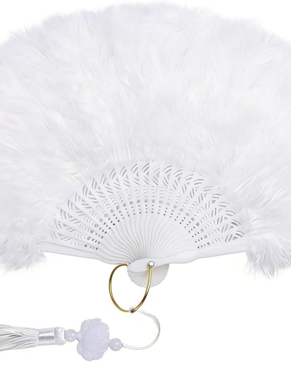 Vintage White Folding Feather Fan Bridal Costume Accessory